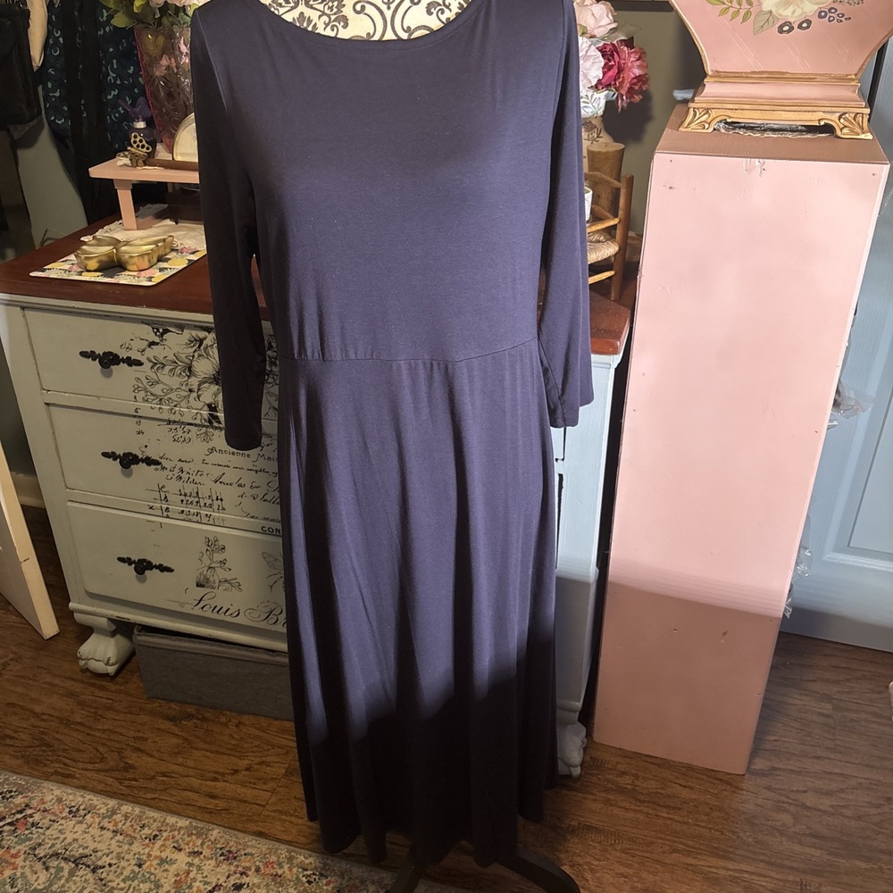 Eileen Fisher Dress Size Medium Navy Blue Scoop neck 3/4 Sleeve Jersey‎ Knit M